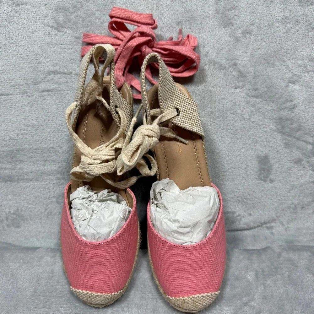 Journee Collection Coral Pink Canvas Espadrille Wedge Lace Up Sandals 7WD